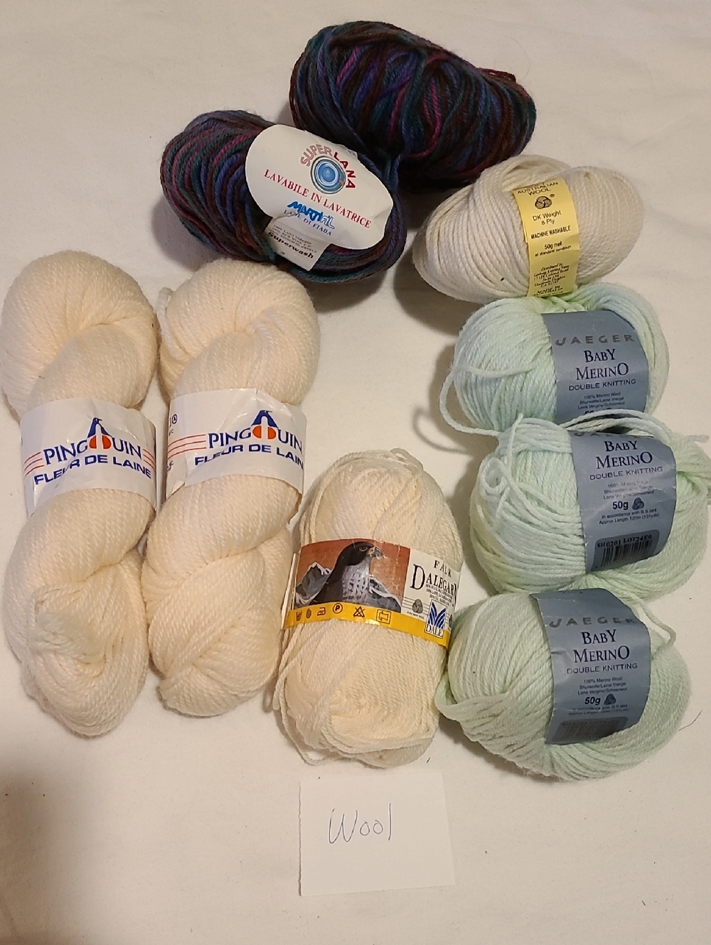 Wool Yarn Bundle of 9 Skeins, Assorted Colors Cream Green Multi Crochet Crafts